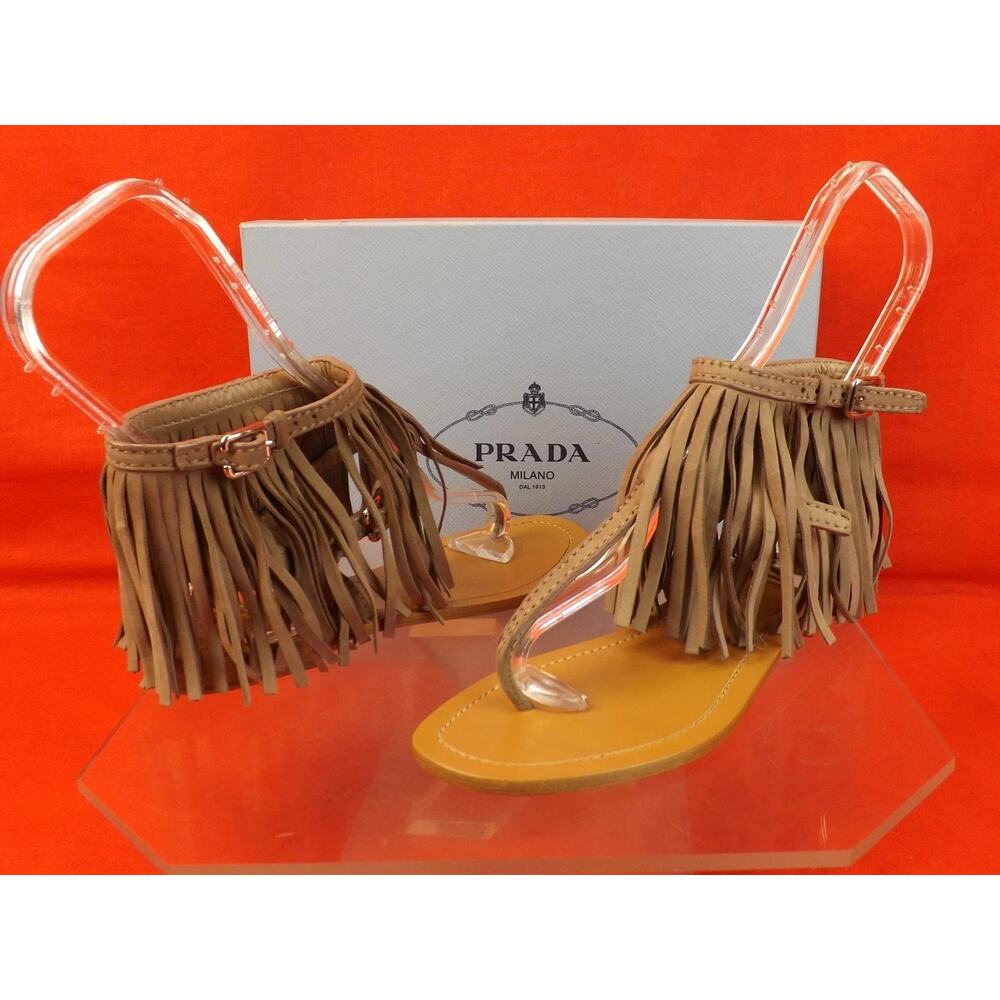 NIB PRADA 1Y703F BEIGE SUEDE FRINGE TRIMMED DOUBLE BUCKLE THONG FLAT SANDALS 36 - Picture 3 of 10